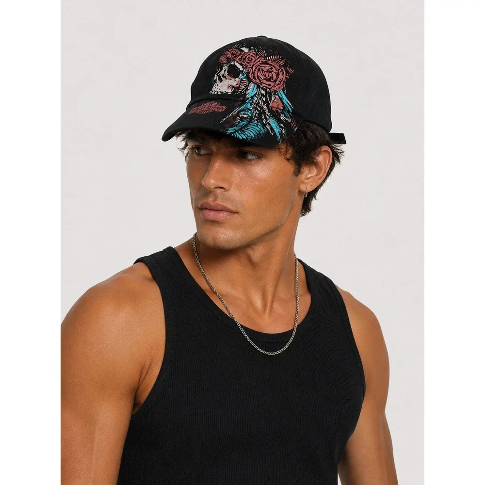 Harley-Davidson Hat Cap Unisex Black Skull Rose Feather Baseball Adjustable